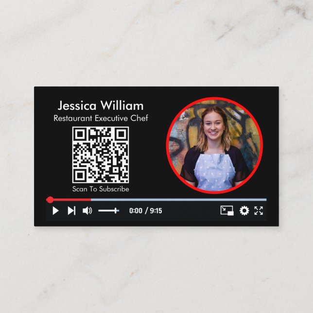 Youtube Vlogger Channel With QR Code Black Business Card (Back)