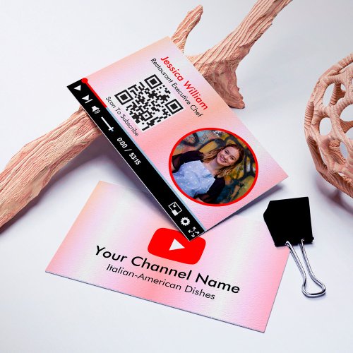 Youtube Vlogger Channel With QR Code Gradient Pink Business Card