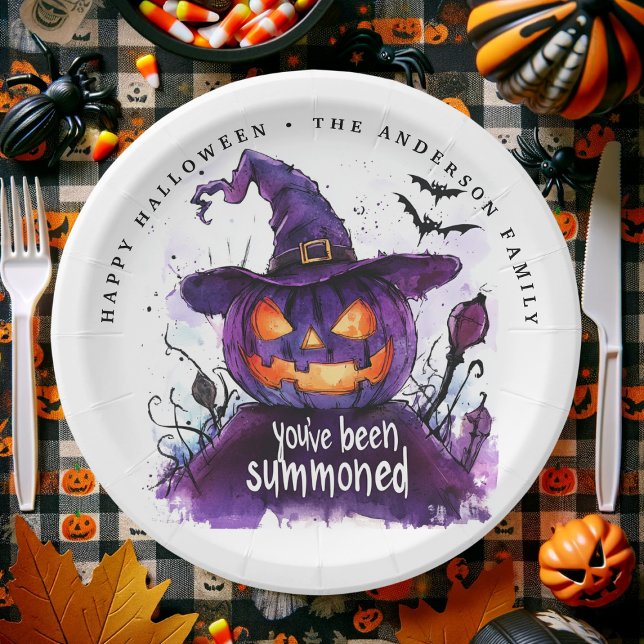 You've Been Summoned Purple Pumpkin Witch Paper Plates (Halloween paper plate with a purple pumpkin witch and "You've been summoned.")