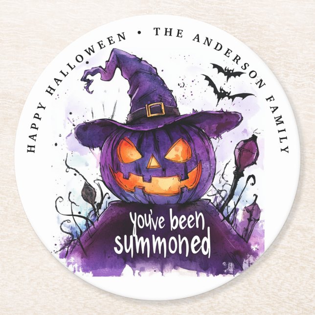 You've Been Summoned Purple Pumpkin Witch Round Paper Coaster (Front)