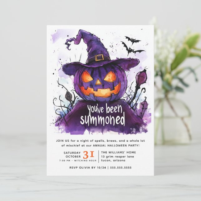 You've Been Summoned Watercolor Pumpkin Halloween Invitation (Standing Front)