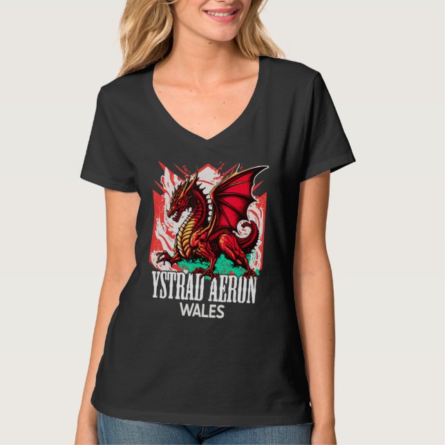 Ystrad Aeron Wales Welsh Flag Y Ddraig Goch Dragon T-Shirt (Front)