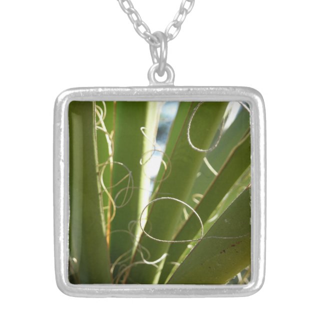 Yucca Leaves Green Nature Photography Silver Plated Necklace (Front)