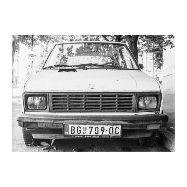 Yugo, old yugoslavian car luggage  acrylic print (Front)
