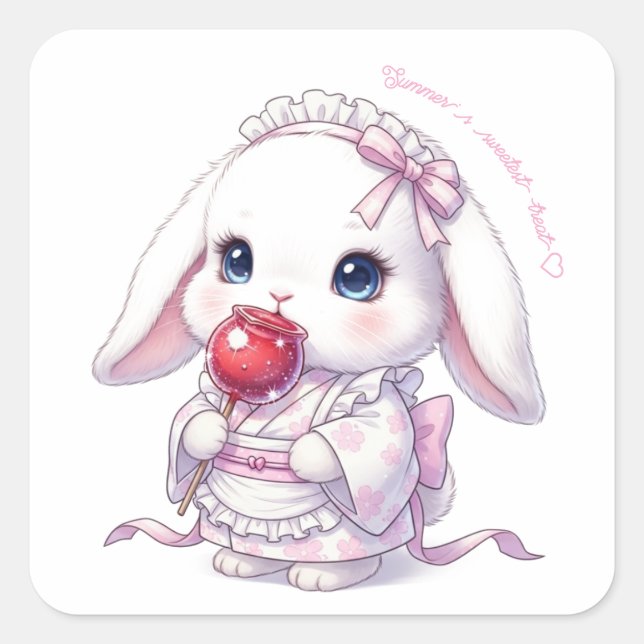 Yukata Bunny with Apple Candy - Pink Pastel Ribbon Square Sticker (Front)
