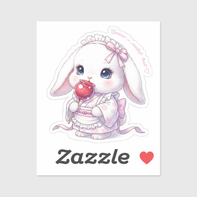 Yukata Bunny with Apple Candy - Pink Pastel Ribbon Sticker (Sheet)