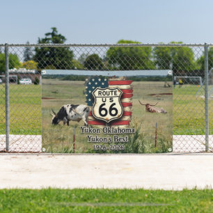 Yukon Oklahoma Route 66 1916-2026 Longhorn Cattle Banner