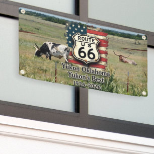 Yukon Oklahoma Route 66 1926-2026 Longhorn Cattle Banner