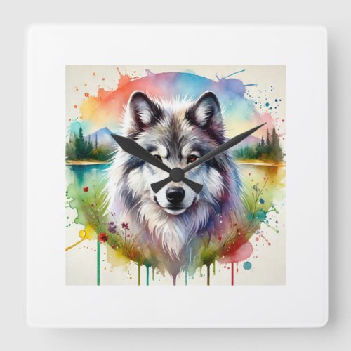 Yukon Wolf 250624AREF104 _ Watercolor Square Wall Clock