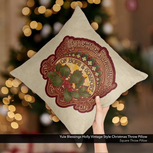 Yule Blessings Holly Vintage Style Christmas  Throw Pillow