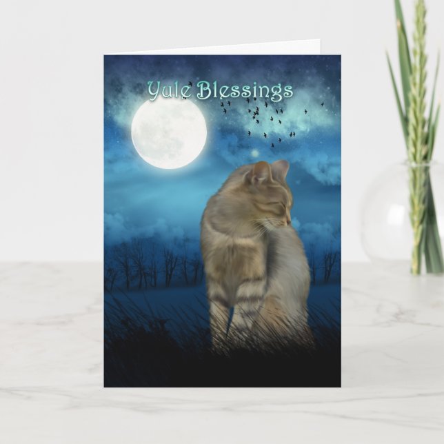 yule blessings with cat in the moonlight holiday card (Front)