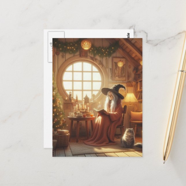 Yule Cat and Witch In Their Den Postcard (Front/Back In Situ)