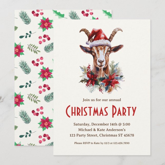 Yule Goat in Santa Hat Farm Animal Christmas Party Invitation (Front/Back)