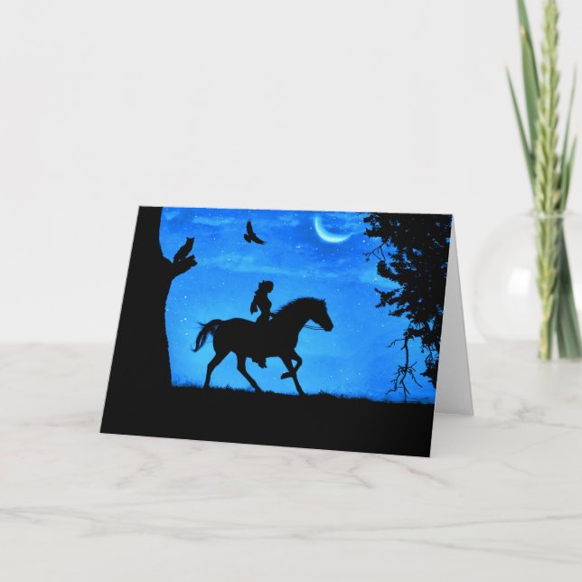 Yule Holiday Cards with Horse Rider Owl and Raven (Front)