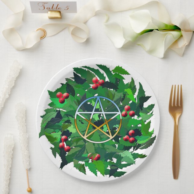 Yule Holly Wreath and Pentacle Paper Plates (Wedding)
