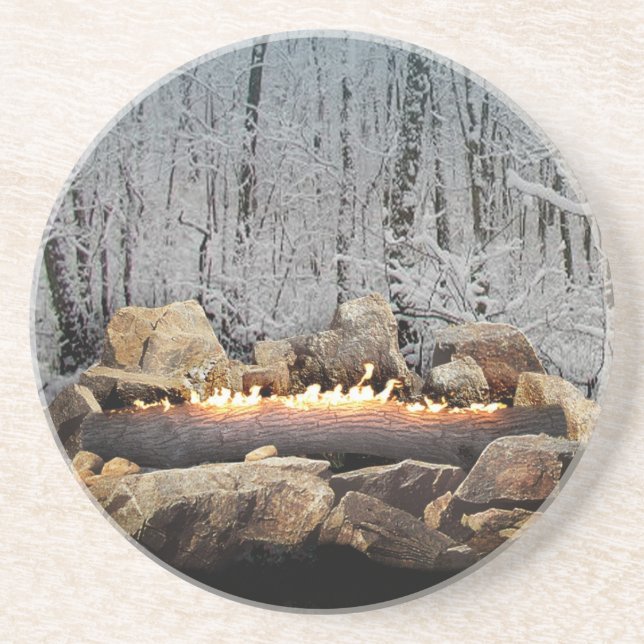 Yule Log in a Snowy Forest Sandstone Coaster (Front)