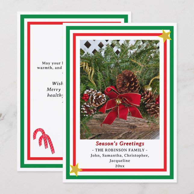 Yule Log Red Bow Green Red INSERT PHOTO  Holiday Card (Front/Back)