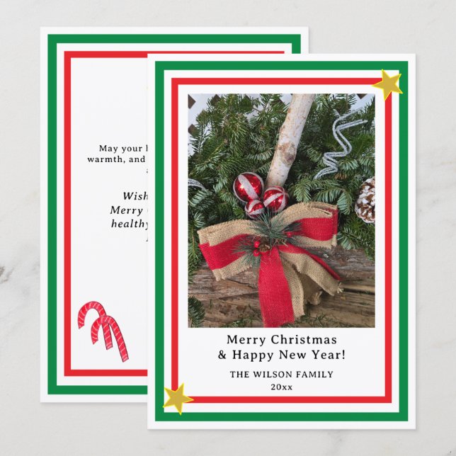 Yule Log Red Burlap Bow Green INSERT PHOTO  Holiday Card (Front/Back)