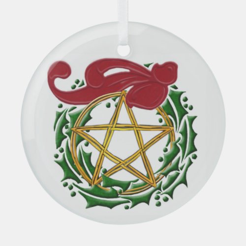Yule Pentacle Wreath  Red Bow _ Double_Sided Glass Ornament