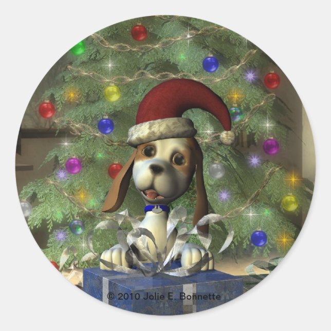 Yule Puppy Round Sticker (Front)