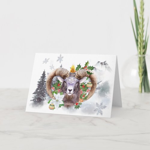 Yule Ram Winter Solstice Snowy Mountain Holiday Card