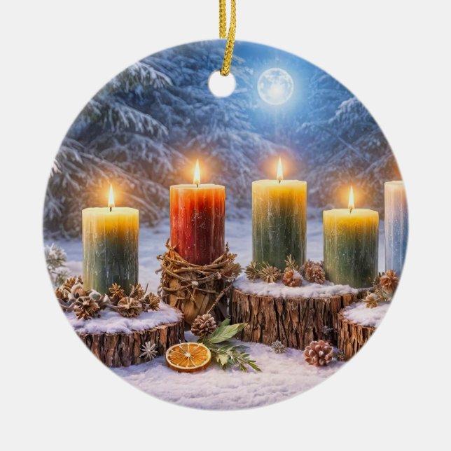 Yule Solstice Candles Moon  Ceramic Ornament (Front)