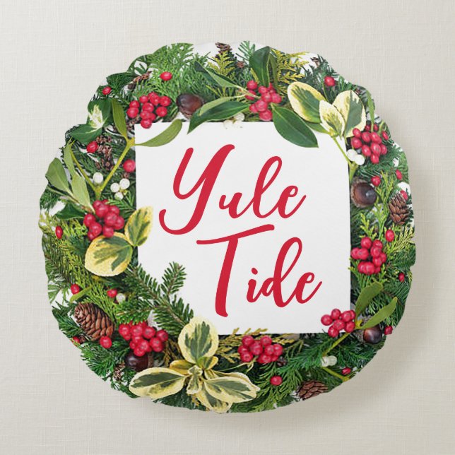 Yule Tide Round Christmas Throw Pillow (Front)