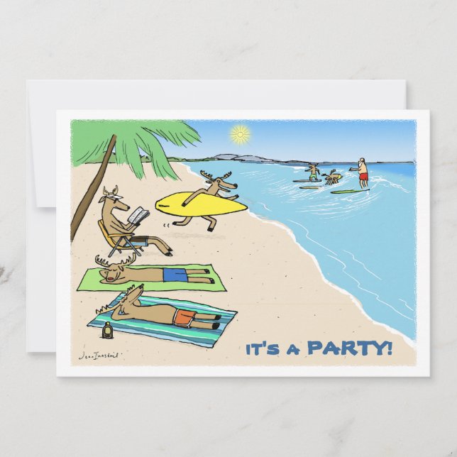 "Yule Tide" - Santa and Reindeer Beach Vacation Invitation (Front)