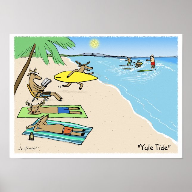 "Yule Tide" - Santa and Reindeer Beach Vacation Poster (Front)
