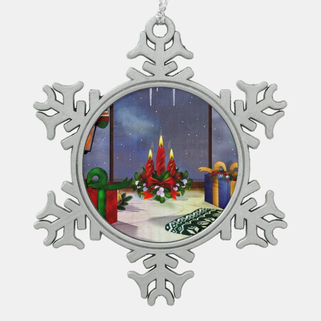 Yule Time Reflections Holiday Art Snowflake Pewter Christmas Ornament (Front)