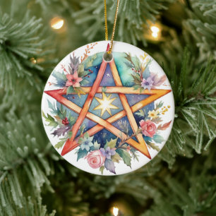 Yule Tree Winter Solstice Floral Wicca Pentacle Ceramic Ornament