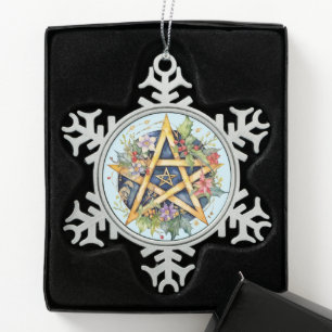 Yule Tree Winter Solstice Floral Wicca Pentacle Snowflake Pewter Christmas Ornament