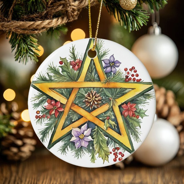 Yule Tree Winter Solstice Greenery Wicca Pentacle Ceramic Ornament (Yule Tree Winter Solstice Greenery Wicca Pentacle Ceramic Ornament)