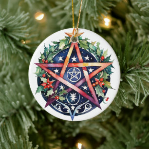 Yule Tree Winter Solstice Holly Wicca Pentacle Ceramic Ornament