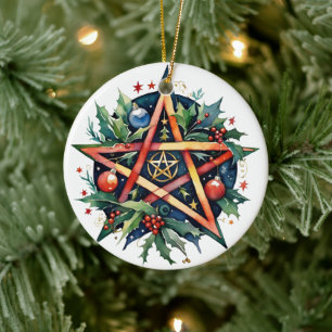 Yule Tree Winter Solstice Holly Wicca Pentacle Ceramic Ornament