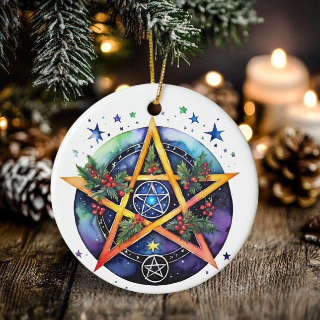 Yule Tree Winter Solstice Holly Wicca Pentacle Ceramic Ornament (Yule Tree Winter Solstice Holly Wicca Pentacle Ceramic Ornament)