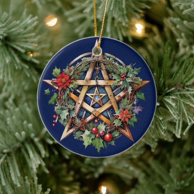 Yule Tree Winter Solstice Holly Wicca Pentacle Ceramic Ornament (Tree)