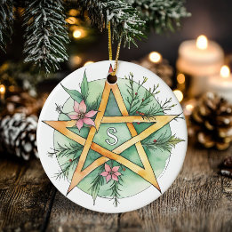 Yule Tree Winter Solstice Monogram Wicca Pentacle Ceramic Ornament