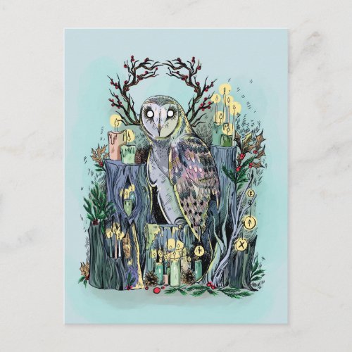 Yule Winter Solstice Barn Owl With Runes Postcard