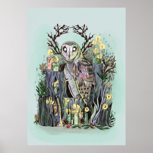 Yule Winter Solstice Barn Owl With Runes Poster