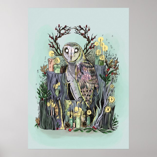 Yule Winter Solstice Barn Owl With Runes Poster (Front)