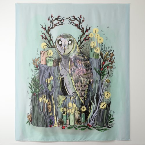 Yule Winter Solstice Barn Owl With Runes Tapestry