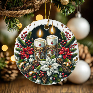 Yule Winter Solstice Poinsettia & Greenery Wicca Ceramic Ornament