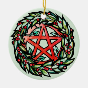 Yule Wreath Pentacle Pagan Pentagram Holiday Ceramic Ornament