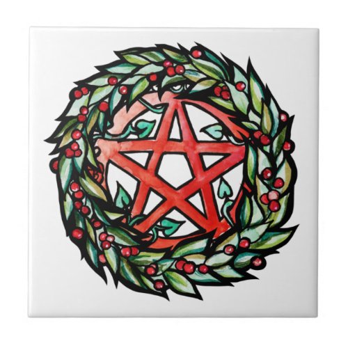 Yule Wreath Pentacle Pagan Pentagram Holiday       Ceramic Tile