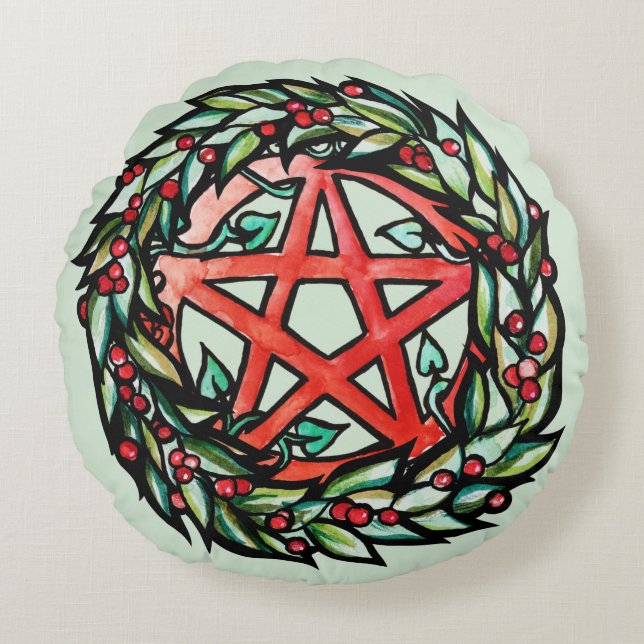 Yule Wreath Pentacle Pagan Pentagram Holiday       Round Pillow (Front)