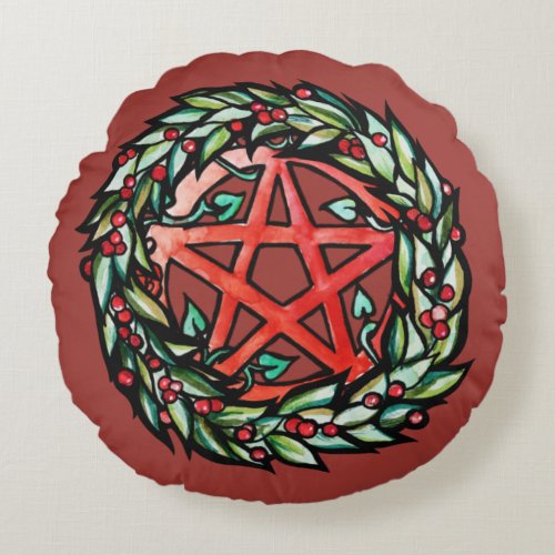 Yule Wreath Pentacle Pagan Pentagram Holiday     Round Pillow