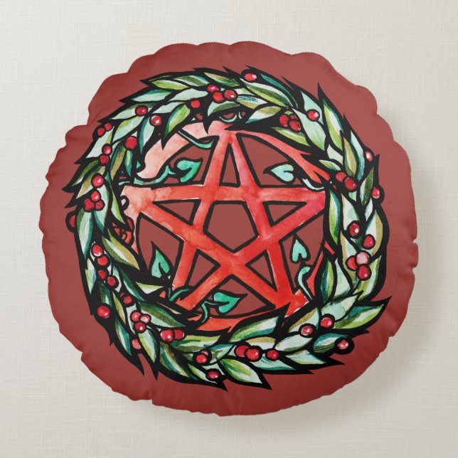 Yule Wreath Pentacle Pagan Pentagram Holiday     Round Pillow (Front)