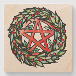 Yule Wreath Pentacle Pagan Pentagram Holiday       Stone Coaster