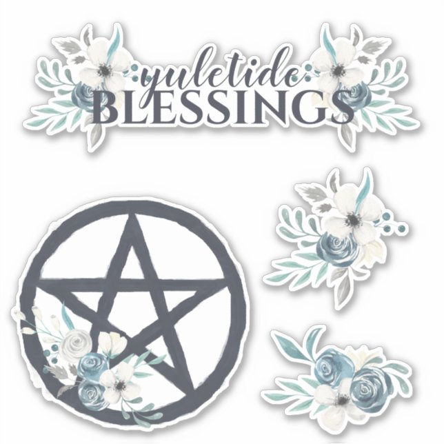 Yuletide Blessings Blue Winter Floral Yule Sticker (Front)